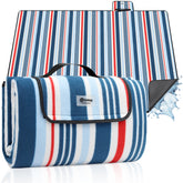 Sekey Picknickdecke – Wasserdicht & sandfest, faltbare Strandmatte mit PEVA-Unterseite, gepolstert & tragbar für Camping, Strand & Wiese – Blau-Weiß-Rote Streifen